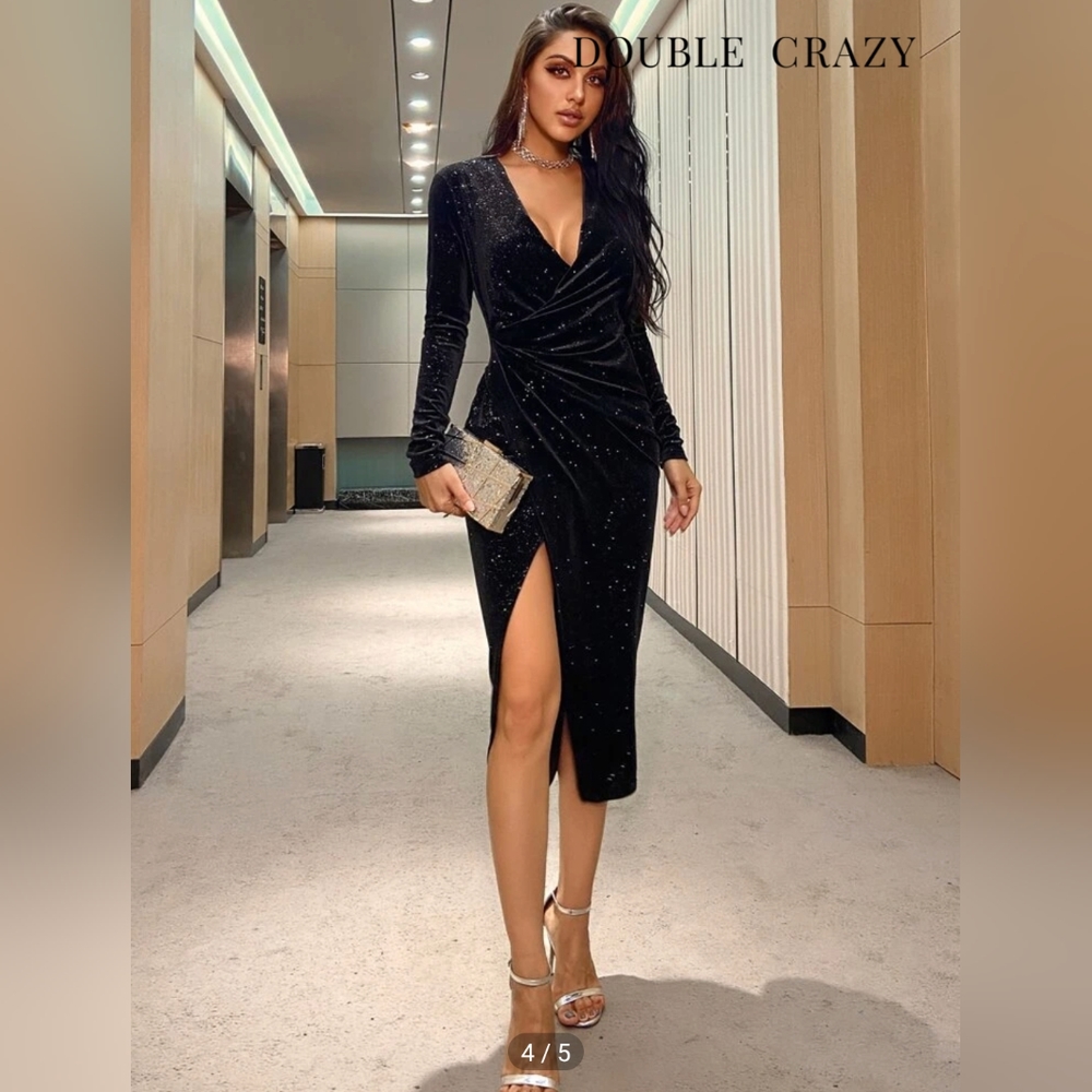 NWOT SHEIN Double Crazy Wrap Detail Glitter Velvet Dress